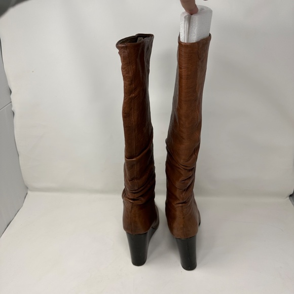 BCBG MaxAzria Brown Leather Pointed Toe Wedge Heel Knee High Tall Boots - Picture 5 of 6